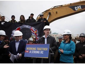 Doug Parton of Ironworkers Local 97, with B.C. Premier Christy Clark, tells reporters that his union — representing more than 1,800 ironworkers in the province — is endorsing the Liberals in May's provincial election.