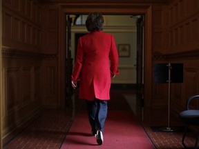 Premier Christy Clark is seen leaving the Legislative Assembly at Legislature in Victoria, B.C., on Thursday, March 16, 2017.