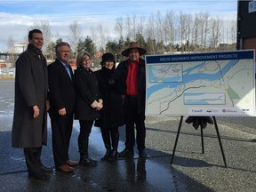 Robin Silvester (left), president and CEO of the Vancouver Fraser Port Authority, Delta North MLA Scott Hamilton, Delta MP Carla Qualtrough, Delta Mayor Lois Jackson and Tsawwassen First Nation Chief Bryce Williams were on hand to unveil $245 million in road improvements in Surrey and Delta.