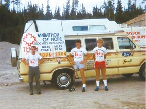 From left, Doug Allward, Terry Fox and Darrell Fox on the road with the Ford Econoline during the Marathon of Hope.