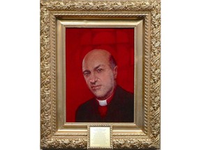 Father O'Leary/Our Celebrity Entrepreneur of Holy Virtue, oil on red velvet, by Marcus Bowcott. It's in the exhibition fire/water at the Amelia Douglas Gallery, Douglas College, to April 21.