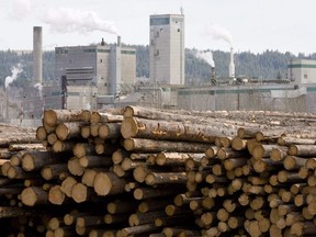 Logs are piled up at West Fraser Timber at Quesnel in April 2009.