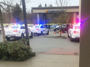 Surrey RCMP are dealing with a shooting at a hotel. A witness in the area told Postmedia that about five shots were fired into a black SUV that was parked outside the Comfort Inn on Fraser Highway and 166th Street just after 2:30 p.m. on Monday.