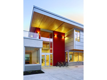 Institutional Wood Design: Small Wood was selected as the primary building material to demonstrate the use of renewable local resources, create warm, healthy and compelling spaces, and to display engineering prowess through the use of a mass timber prefabricated structure at the UBC Engineering Student Centre.