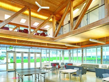 Wood was selected as the primary building material to demonstrate the use of renewable local resources, create warm, healthy and compelling spaces, and to display engineering prowess through the use of a mass timber prefabricated structure at the UBC Engineering Student Centre.