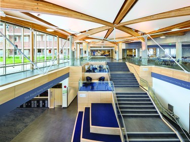 Interior Beauty Design Wood is used in the new main entrance of the Mulgrave Senior School Addition – a grand, double-height space constructed of exposed engineered timber components of glue-laminated columns, beams and cross-laminated decking. The warmth of the wood creates a welcoming “lantern” for students, faculty, staff and visitors.