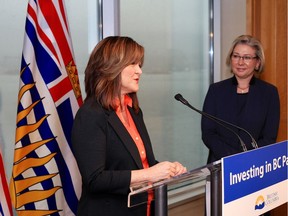 Karla Rockwell, chairwoman of the B.C. Parks Foundation board of directors (left) and Environment Minister Mary Polak at an event March 28, 2017 to unveil the newly created foundation's full board of directors. For Derrick Penner story. [PNG Merlin Archive]