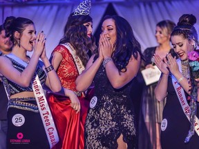 Madison Stewart (centre), a Grade 11 Earl Marriott secondary student from South Surrey, is delighted after being crowned Miss Teen Canada on March 4 in Laval, Que.