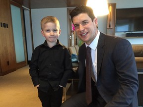 Memphis Savage, 5, met his hockey hero Sidney Crosby on Saturday before the Canucks played the Penguins. Savage has been battling brain tumours his whole life.