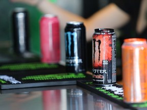A detail of Monster Energy drinks.