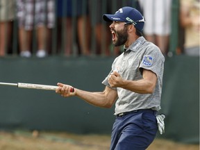 Adam Hadwin reacts after sinking the final putt to win the Valspar Championship golf tournament Sunday, March 12, 2017, at Innisbrook in Palm Harbor, Fla.