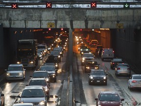 Morning traffic flows in and out of the George Massey Tunnel at Richmond in December 2016.