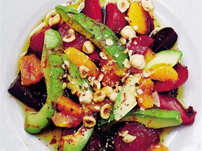 Rich avocados complement roasted baby beets spiked with sherry vinegar in this colourful Roasted Beets with Avocado, Orange, Toasted Hazelnuts & Sherry Vinegar salad.