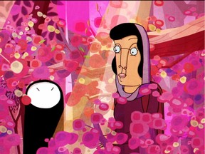 Rosie (voiced by Sandra Oh) and women’s studies professor Mehrnaz (voiced by Shohreh Aghdashloo) in a veritable forest of flowers in the animated feature Window Horses.