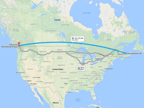 Flight route from Vancouver airport to Charlottetown, P.E.I.