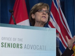 FILE PHOTO B.C. seniors advocate Isobel Mackenzie - shown here addressing a gathering in Vancouver, B.C., May, 21, 2015 - is keeping an eye out for seniors being temporarily displaced from the George Pearson centre.