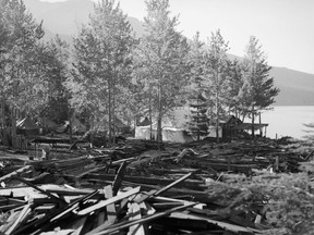 Tents and stacks of lumber at a Japanese Canadian internment camp in the B.C. Interior in 1942.