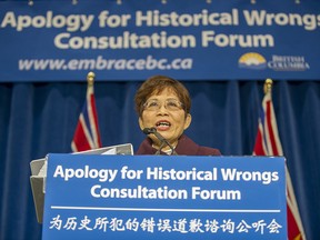 Teresa Wat, B.C.'s minister responsible for multiculturalism, has introduced a new Discriminatory Provisions (Historical Wrongs) Repeal Act, which she says helps fulfil the government's promise to address historical wrongs against Chinese Canadians. In this file photo, Wat speaks during a community forum at Chinese Cultural Centre in Vancouver, January 12, 2014. The forums were part of the provincial government's commitment to issue a meaningful apology to B.C.'s Chinese community for historical wrongs.