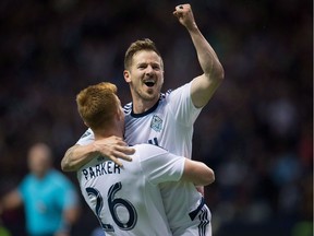 Vancouver Whitecaps fullback Jordan Harvey, getting hoisted up by Tim Parker during a game last season, says team members need to hold each other more accountable this year if the club wants to have success. The duo are expected to start in Thursday’s second-leg quarter-final match of the CONCACAF Champions League at B.C. Place Stadium.