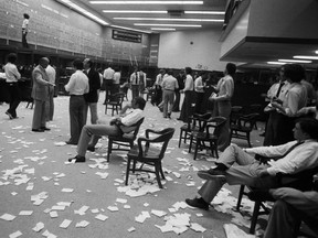 Traders work the floor of the Vancouver Stock Exchange in June 1979.