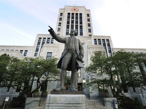 A statue of Captain George Vancouver stands in front of City Hall and commemorates June 12, 1792, the day he sailed into Burrard Inlet and landed near Port Moody.