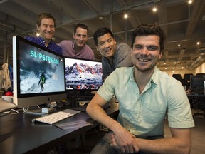 ‘We looked to our community and things we're passionate about — outdoor sports and exploring the great outdoors — and we thought that community really needed a similar product,’ says Keegan McColl of the new streaming service Slipstream. McColl and co-founders Aaron Franks, Shawn Price and Adrian Lu (back, left to right) are in their east Vancouver office.