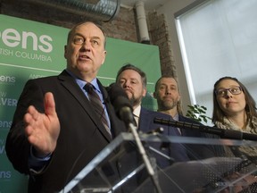 B.C. Green Party leader Andrew Weaver speaks to media on the upcoming provincial election in Vancouver on  March 22, 2017.