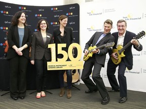 Sarah McLachlan, Sun Life Financial's Kevin Dougherty and Gregor Robertson, Mayor of Vancouver with Sandra Singh and Kyla Epstein of the Vancouver Public Library at an event in celebration of Canada's 150th birthday, and announce details of the Sun Life Financial Musical Instrument Lending Library program expansion.