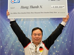 Hung Nguyen won $2.3 million playing Lotto 6/49. Nguyen split the Lotto 6/49 jackpot with two other winning tickets from Ontario and Quebec on the March 4, 2017 draw.