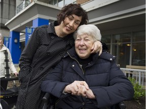 Caroline Coutts with mother Barbara in front of  Terraces senior residences in Vancouver. Caroline's 90-yr-old blind and frail mother is being evicted from her subsidized suite at a retirement home.