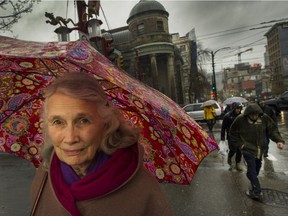 Downtown Eastside and homeless activist Jean Swanson at Main and Hastings streets in Vancouver recently, across from her office in the Carnegie Community Centre.