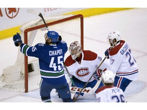 Vancouver Canucks centre Michael Chaput (45) celebrates his goal past Montreal Canadiens goalie Carey Price (31) during third period NHL action in Vancouver, B.C., Tuesday, March. 7, 2017.