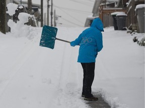 Sue Ann Selman clears the snow from her East Vancouver alley in Early February. Environment Canada is warning that more snow is on the way for Metro Vancouver and the Fraser Valley.