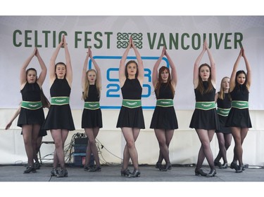 The De Danaan Dancers perform at the Celtic Fest set up on Robson st to celebrate St. Patrick's Day Vancouver March 17 2017.