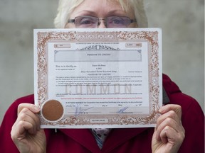 Diane McBean holds the certificate for her shares from her investment in an earlier company formed by the couple that later started  Saje Wellness.