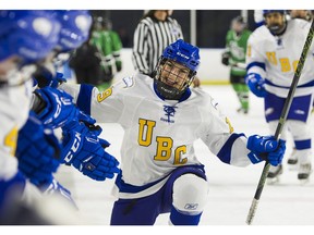 UBC Thunderbirds' Madison Patrick celebrates a goal against the Saskatchewan Huskies during the team's 2016-2017 season, which saw the program rise to the top seed in the country.