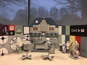 Model of the fictional Dominion CKCK-TV studio where George Sprott hosts his Norther Hi-Lights program for over 20 years.  From composer/bassist Mark Haney's Richmond Art Gallery multimedia exhibit.