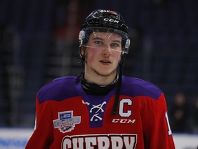 Nolan Patrick #19 of Team Cherry looks on during the third period of his Sherwin-Williams CHL/NHL Top Prospects Game at the Videotron Center on January 30, 2017 in Quebec City, Quebec, Canada.