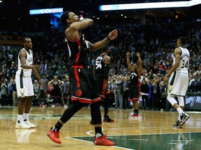 DeMar DeRozan of the Toronto Raptors celebrates after the Toronto Raptors beat the Milwaukee Bucks 92-89 in Game Six of the Eastern Conference Quarterfinals during the 2017 NBA Playoffs at BMO Harris Bradley Center on Thursday in Milwaukee, Wisc.