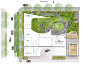 Alberni by Kengo Kuma at 1550 Alberni showing connection between base of building and Alberni and Cardero streets. Image taken from architectural drawings submitted in the development permit application to the city of Vancouver.