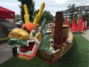 One of the nine teak dragon boats from Hong Kong that brought the sport to Vancouver with Expo 86. They fell into disrepair as lighter, fibreglass versions were developed. The old boats were moved from a rotting state under the Burrard Bridge and lovingly restored in Salmon Arm, where they will be used again by racers, who have never used a wooden boat, in a Canada 150 summer festival.