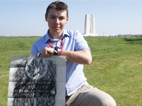 Caden Ward, 17, holds a grave rubbing he made near Arras, in France, for Private John Bullock, who died on day one of the Battle of Vimy Ridge on April, 9, 1917.