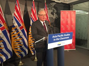 Asia Pacific Foundation of Canada chairman David Emerson speaks at a news conference announcing the launch of an Asia-related curriculum program on Thursday in Vancouver.