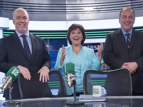 B.C. NDP leader John Horgan, left, Liberal Leader Christy Clark and B.C. Green Leader Andrew Weaver pose for a photo after the leaders debate.