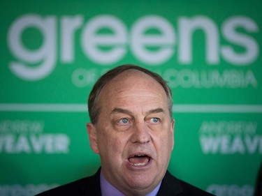 British Columbia Green Party Leader Andrew Weaver speaks about the party's affordable housing strategy during a campaign stop in Vancouver, B.C., on Tuesday April 11, 2017. A provincial election will be held on May 9.