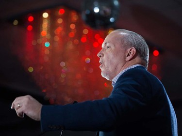 NDP Leader John Horgan addresses supporters during an election campaign kickoff rally in Surrey, B.C., on Sunday April 9, 2017.