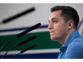 Vancouver Canucks' Bo Horvat pauses while answering questions during an end of season news conference in Vancouver, B.C., on Tuesday April 11, 2017.