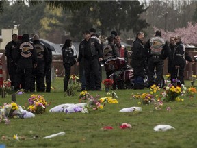 Members of the Hells Angels gather at Oceanview Cemetery in Burnaby, BC during their annual Screwy Ride to honour their murdered friend Dave "Screwy" Schwartz, April, 8, 2017.