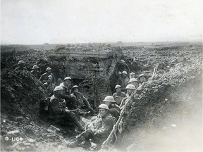 Canadian soldiers in a captured German machine-gun emplacement at the Battle of Vimy Ridge in April 1917.