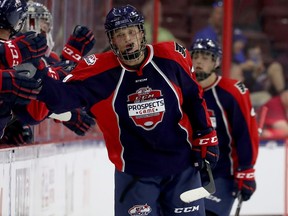 Casey Mittelstadt #14 of Team Howe celebrates his goal against Team LeClair during the CCM/USA Hockey All-American Prospects Game on September 22, 2016 at the Wells Fargo Center in Philadelphia, Pennsylvania.